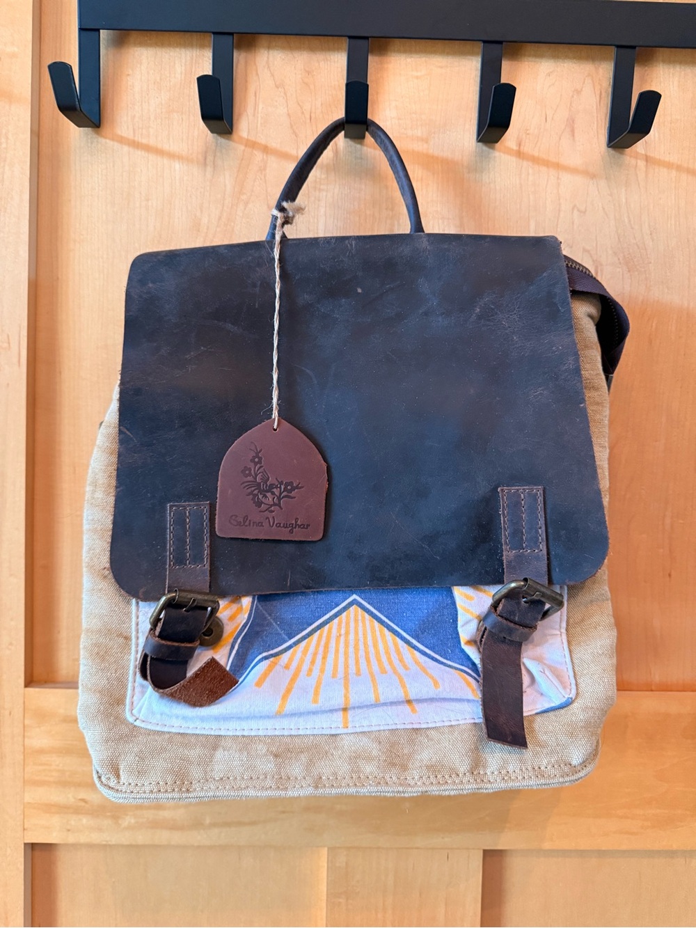 one of a kind - heavy duty Brown Leather & Tan Canvas Backpack with Blue Accent